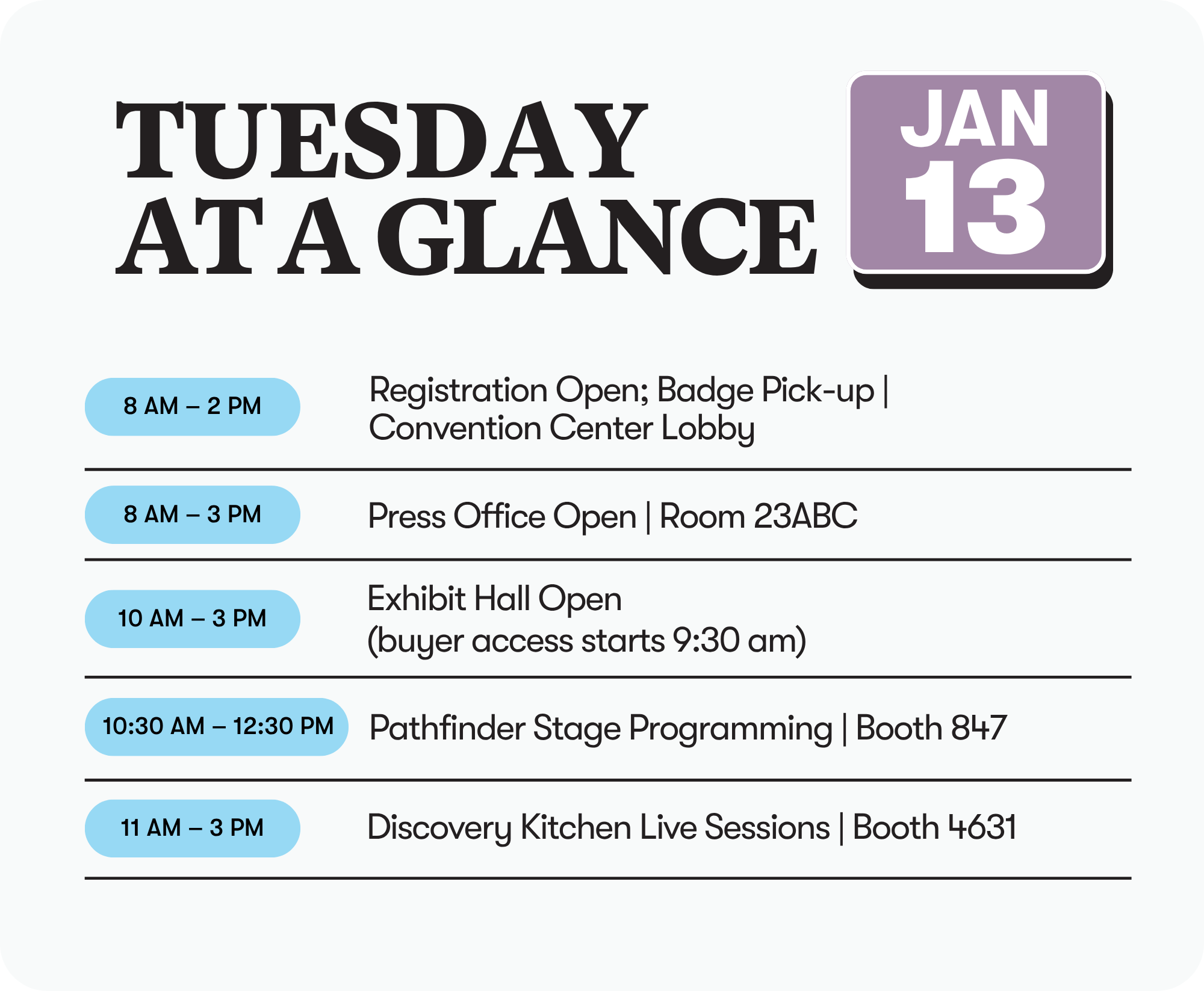 tuesday at a glance, jan 13